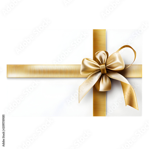 White gift box wrapped with a shiny gold ribbon bow isolated on a transparent background