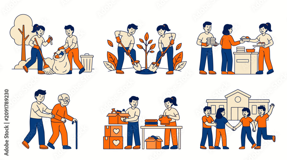 Fototapeta premium Volunteer Community Service and Charity Concept Flat Vector Illustration Set