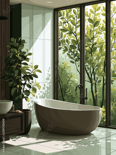 A vector-style illustration of a modern, luxurious bathroom featuring a sleek freestanding bathtub, wooden cabinetry, and large windows with a view of lush garden foliage.
