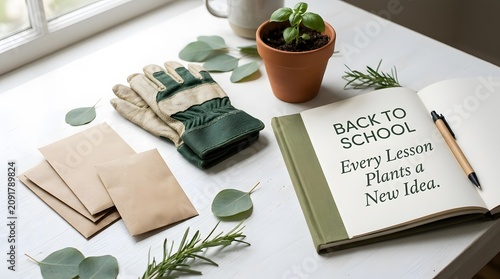 Gardening concept featuring notebook with back to school quote and plant on white wooden table surface.