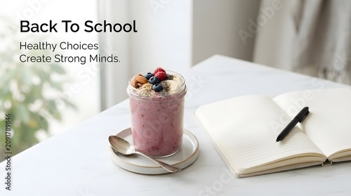 Back to school healthy breakfast jar with berries granola and yogurt near blank open journal notebook.