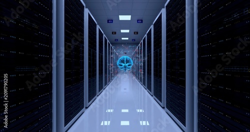 Artificial Intelligence Concept with Holographic Brain in Data Center Server Room Controlled By Artificial Intelligence.
