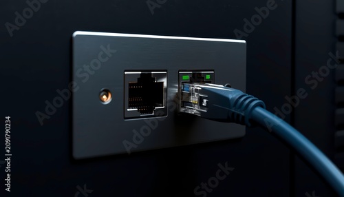 Ethernet Cable Connected to Dual Port Network Wall Outlet in Data Center