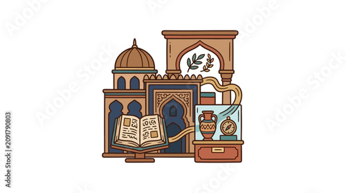 Islamic culture concept with mosque architecture and ancient artifacts.