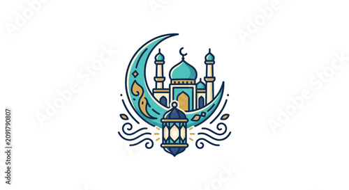Islamic mosque and crescent moon decorative greeting illustration.