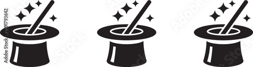 Cuadro en lienzo Magic hat icon set with stars, circus, abracadabra and magical trick symbols in flat and outline vector style, illusion graphics, fantasy design elements, and modern icon collection
