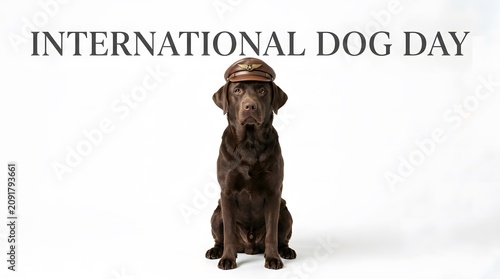 Chocolate labrador retriever dog wearing brown leather pilot hat sitting on white background isolated.