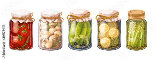 Pickled vegetables jars set tomato mushroom cucumber lemon asparagus preserved food glass jar collection