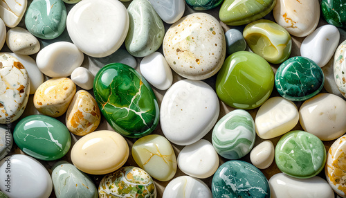 Abstract polished gemstones in shades of green, white, and cream,  shapes and colors highlights the organic beauty of mineral formations, symbolizing purity, balance, and timeless elegance