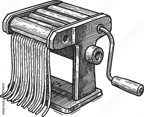 Vintage hand cranked pasta maker with fresh noodles, kitchen cooking tool engraving illustration