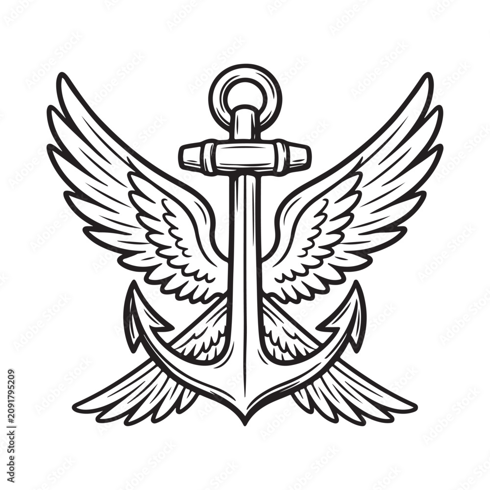 Fototapeta premium Black and white anchor with wings sketch illustration