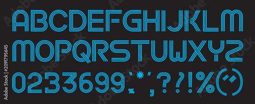 Schilderij op canvas Modern blue multiline alphabet with uppercase A to Z, numbers 0 to 9, and punctu