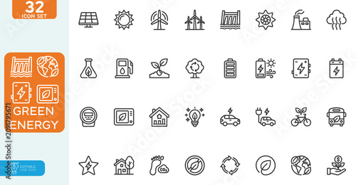 Bild auf Leinwand Green energy and sustainability Vector illustration line editable Icons set