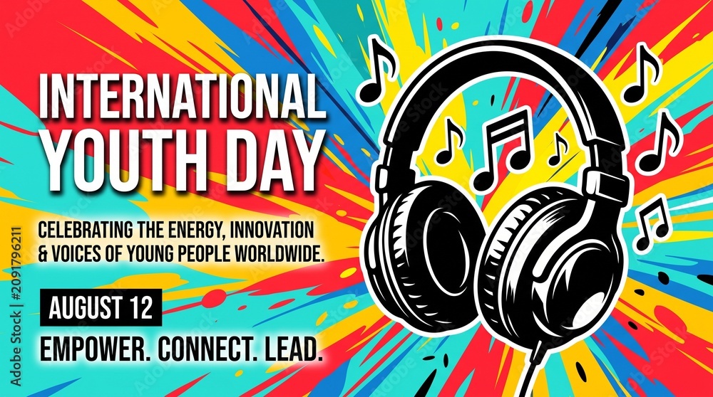 Fototapeta premium International Youth Day Vector Banner with Headphones, Music Notes, and Colorful Splash Background for August 12 Celebration Poster Design