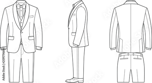 Cuadro en lienzo Men three piece tuxedo suit technical fashion flat sketch with shawl lapel vecto