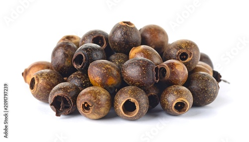 Dried Brown Seed Pods Arranged in Small Pile on White Background