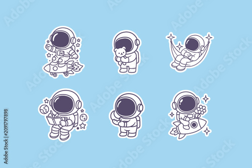 Set of cute cartoon astronauts in various poses including riding rockets holding teddy bears and relaxing in space hammocks design