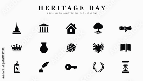 Tableau sur toile Premium heritage themed silhouette icons bundle featuring 15 classic symbols in