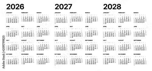 Tableau sur toile One page calendar template for 2026, 2027, 2028 year, week starts on Sunday