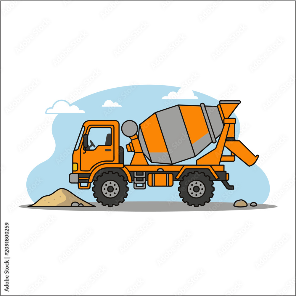 Fototapeta premium Orange cement concrete mixer truck vehicle working on construction site isolated on white background commercial vector stock graphic illustration