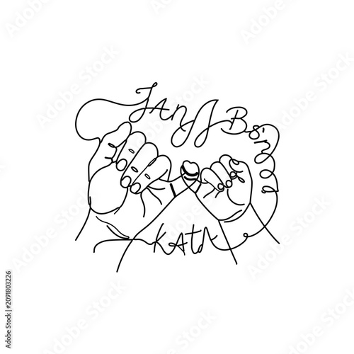 Minimalist continuous line art of a mother and child’s pinky promise, with the flowing line transforming into intricate abstract letters that gently bind them together.
 