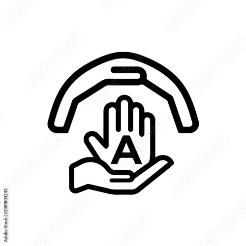 Minimalist flat geometric illustration of a mother's hand arched over a child's hand like a protective umbrella, cradling a bold character symbol to represent linguistic security.
