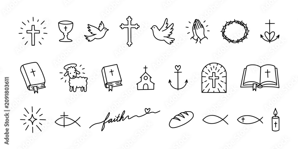 Obraz premium Christian religious doodles vector set. Holy line art icons collection with cross, bible, church, angel lamb, praying hands, dove, anchor fish and candle isolated on white background.