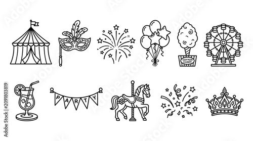 A collection of carnival and celebration icons.