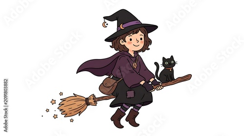 Cute Young Witch Riding Broom with Black Cat in Minimal White Background