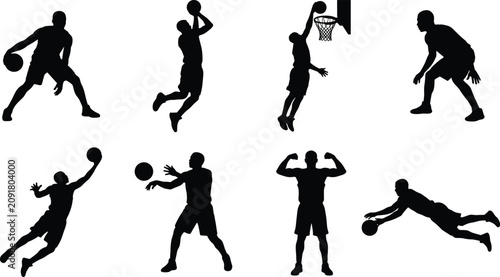 Tableau sur toile Basketball player silhouettes set featuring male athlete action poses dribbling