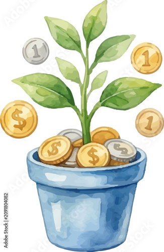 Green plant sprouting money coins in blue ceramic pot illustration perfect for financial growth concepts, investment websites, and cryptocurrency promotions.
