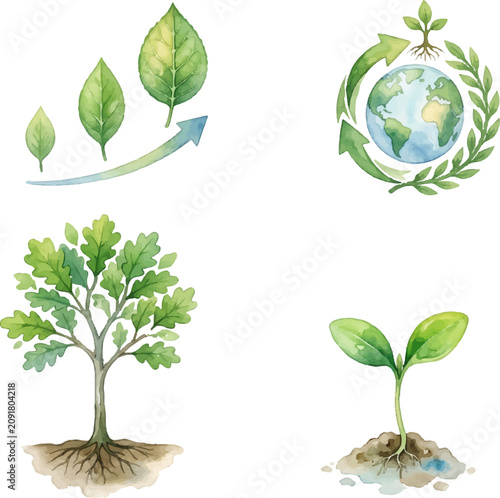 Green watercolor leaves  recycling symbols, oak tree, soil sprout  seedling. Suitable for ecofriendly designs, environmental concepts, and sustainability projects.