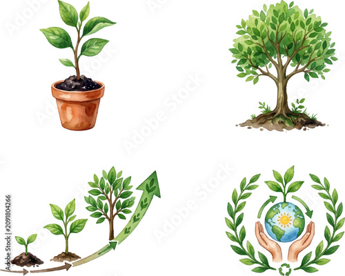 Potted plant showing the growth cycle of a mature tree, with earth, hands, green leaves  perfect for nature icons.