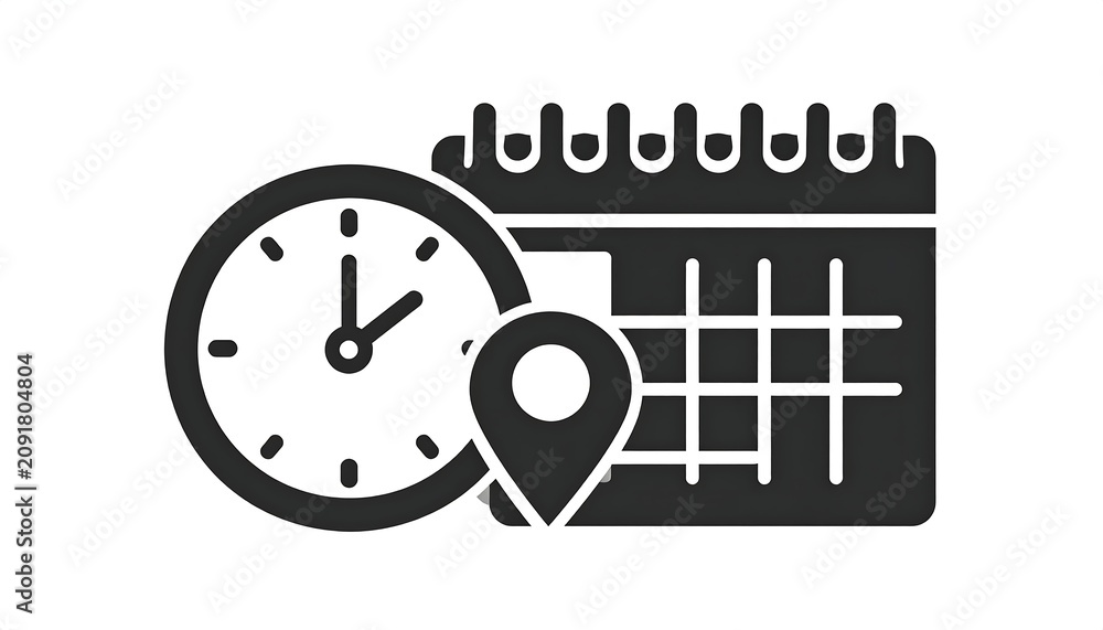 Naklejka premium Black Calendar Clock and Location Pin Icon Isolated on White Background