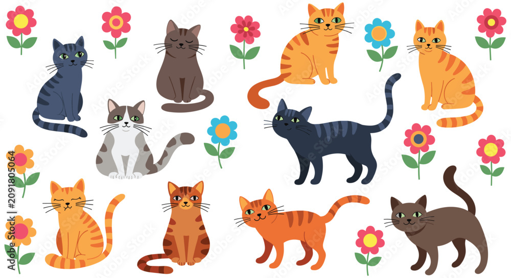 Naklejka premium Group of nine cute cartoon cats in different colors are seated or standing among bright blooming flowers on a white background.