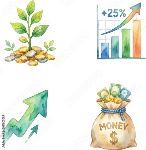 Watercolor illustration of seedling, coin pile, growth chart, financial arrow, money bag icons perfect for finance concept designs.
