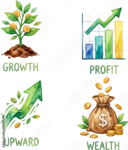 Watercolor illustrations display business growth, profit trends, gold coin wealth. Ideal for financial presentations, reports, and marketing materials.