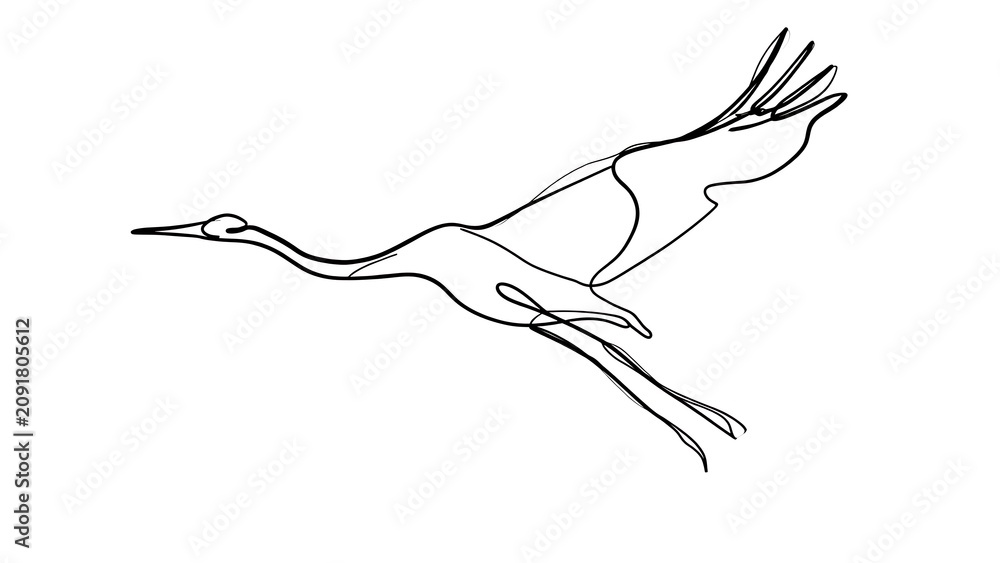 Fototapeta premium Flying crane bird illustration white background.