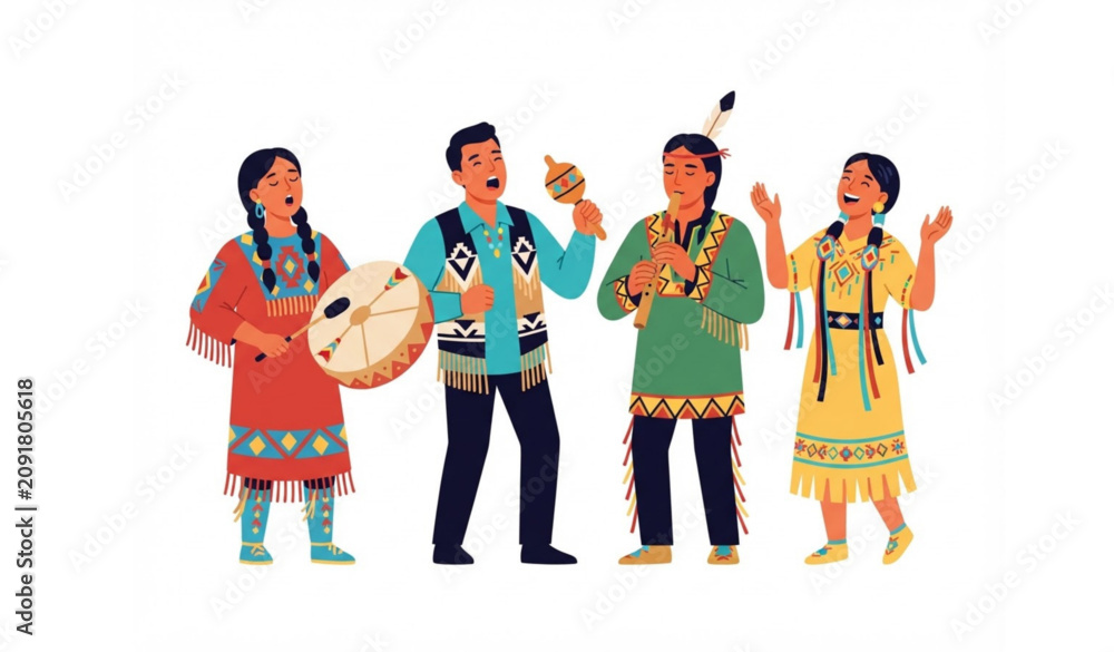 Fototapeta premium Indigenous Peoples Day music celebration vector with traditional musicians isolated on white background