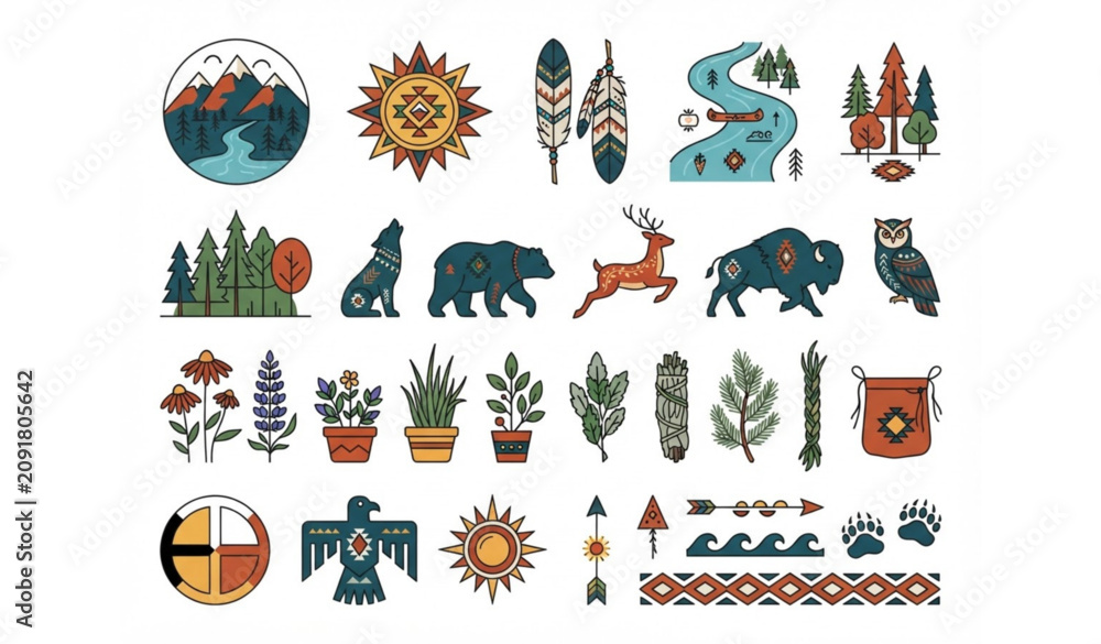 Obraz premium Indigenous Peoples Day nature element vector collection with cultural heritage symbols isolated on white background