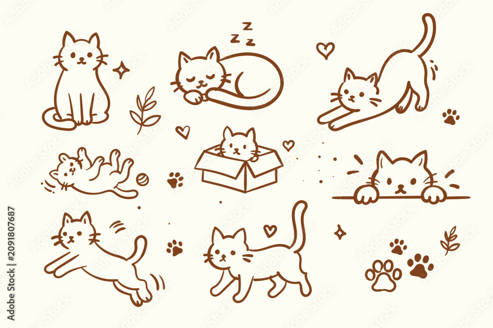 Obraz premium Cats and Pet Care hand drawn Doodle Set Vector Illustration