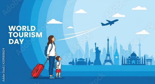 World tourism day illustration with a mother and child traveling