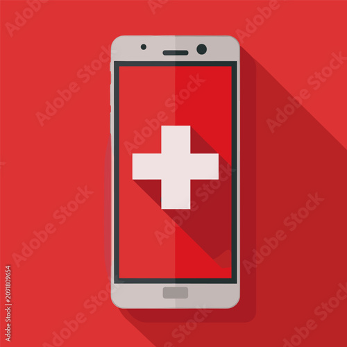 Φωτογραφία Smartphone with a red screen displaying a white medical cross symbol, representi