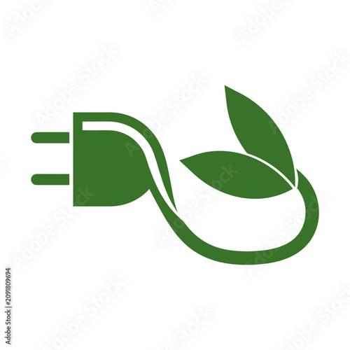 Green power plug connecting with green leaves, symbolizing sustainable energy, renewable electricity, eco friendly conservation, and environmental technology for a greener future