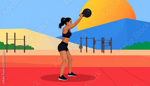 Young girl playing tennis on vibrant court with mountains.