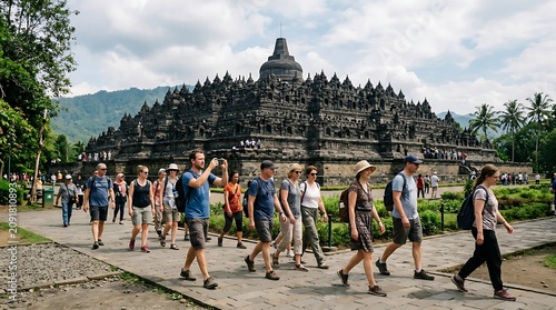 Tourists visiting ancient temple complex abroad.