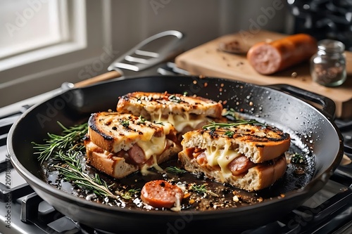 Freshly grilled breakfast sandwich with melted cheese served hot. Homemade comfort food perfect for a quick morning meal.