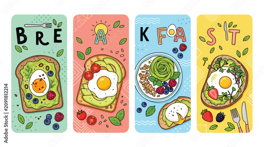 Fototapeta premium Colorful breakfast food illustrations on playful cards with eggs and toast