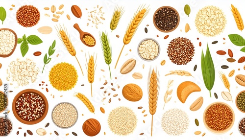 Top view of various spices and herbs in bowls and spoons.