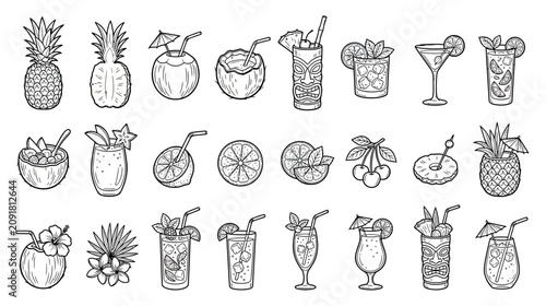 Hand Drawn Tropical Cocktails and Fruits Collection - Summer Drinks & Refreshments